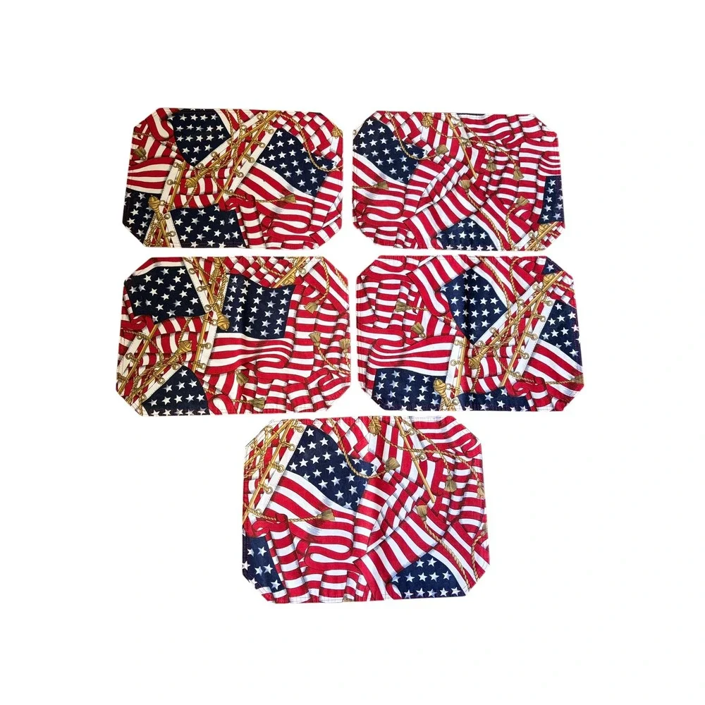 Set of 5 Patriotic American Flag Placemats Red White Blue Americana Decor 17x12